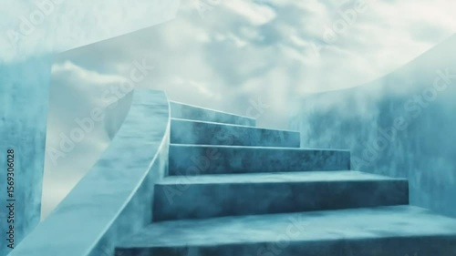 A swirling staircase ascends into a hazy, ethereal sky
