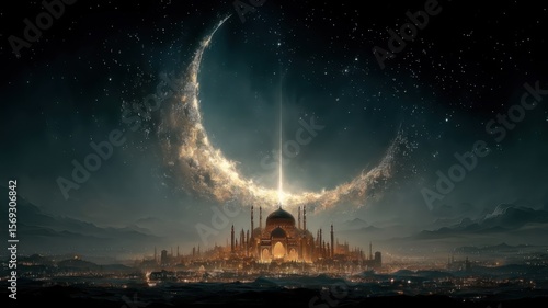 A beam of light connects the moon and the cityscape