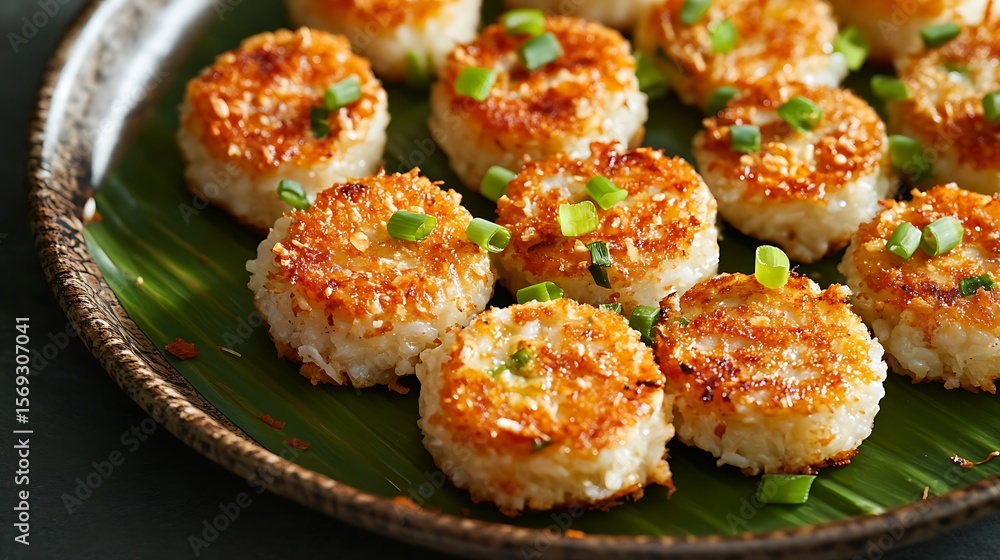 A plate of Kanom Krok, Thai coconut-rice pancakes, featuring golden-brown crispy edges and soft, creamy centers2 A plate of Kanom Krok, Thai coconut-rice pancakes, featuring golden-brown crispy edges and soft, creamy centers2