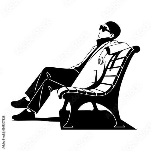 Minimalist black and white illustration of a man relaxing on a bench