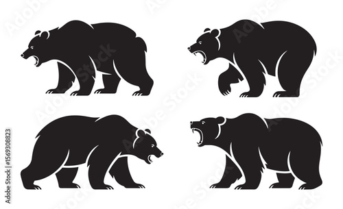 Four black bear silhouettes showing aggressive poses on white background
