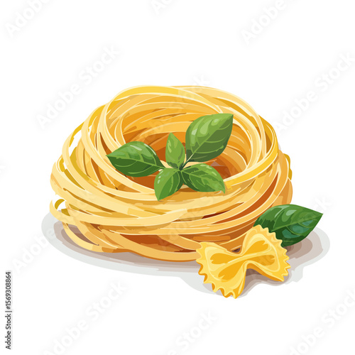 Italian Pasta Nest with Basil and Farfalle for Authentic Food Illustrations