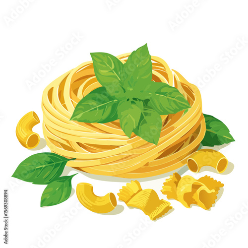 Artistic illustration of tagliatelle pasta with elbow macaroni and basil leaves on a black background.