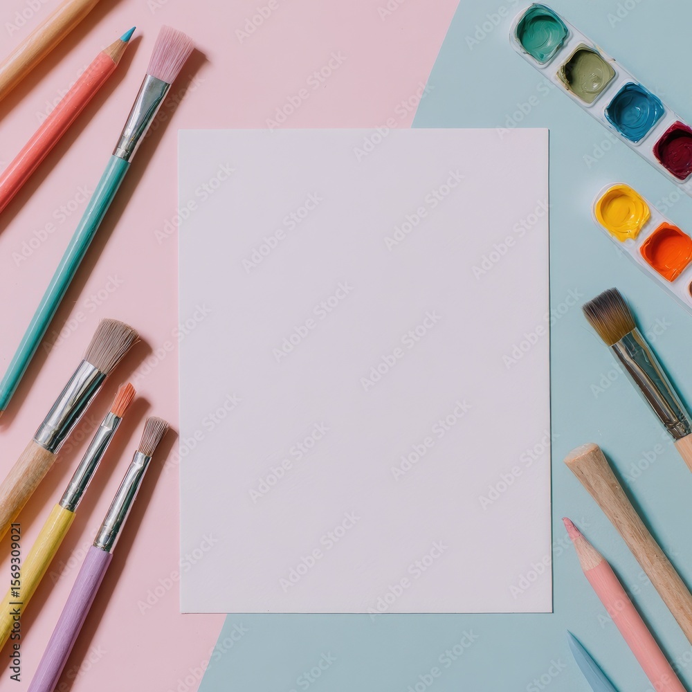 Blank paper surrounded by colorful art supplies Blank paper surrounded by colorful art supplies