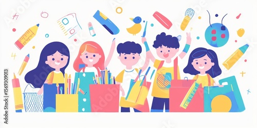 Group of children excited about art supplies.