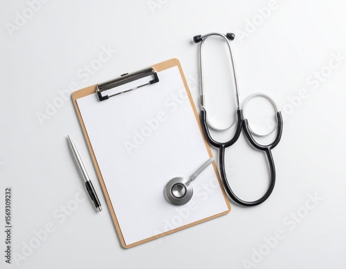 Doctor desk with stethoscope and clipboard – top-down healthcare image