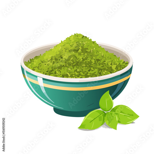 A vibrant bowl of pesto with fresh basil leaves, ready for culinary delights.