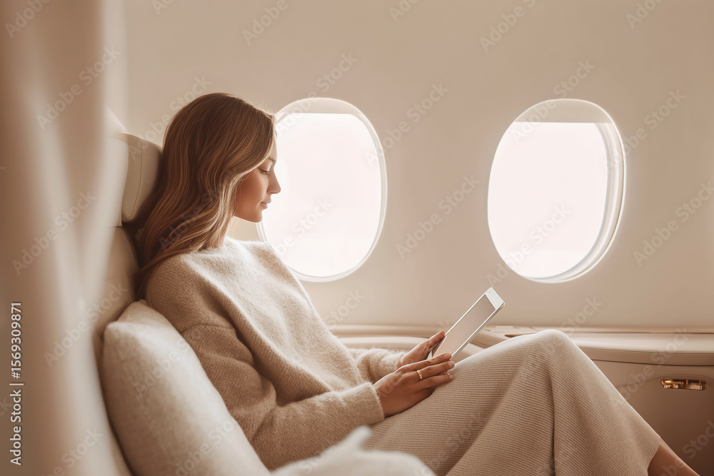 Fototapeta premium Businesswoman using tablet in luxury private jet cabin with soft natural light, beige tones, and quiet luxury aesthetic.