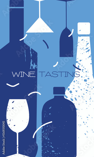 Wine tasting, party banner design, wine bar, sommelier flyer. Flat illustration alcohol shop poster texture shabby, booze, red and white wine, chardonnay, merlot