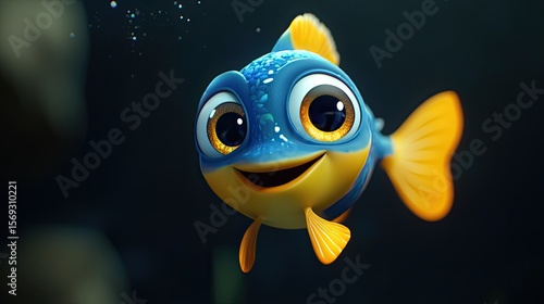 Cheerful blue fish in underwater scene.