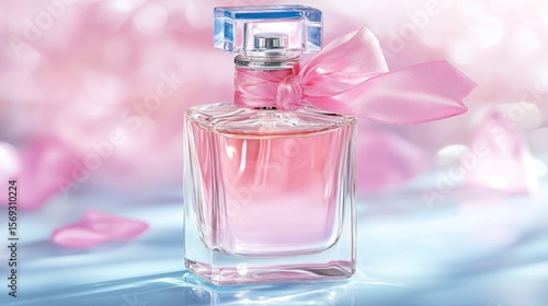 Delicate Pink Perfume Bottle, Elegant Ribbon, Soft Lighting