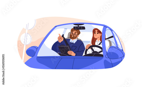 Student and teacher of driving school ride a car together. Girl learns to get driver license. Instructor teaches traffic rules, training by auto on road. Flat isolated vector illustration on white