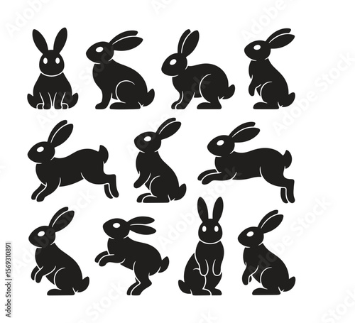 Collection of black rabbit silhouettes in various poses