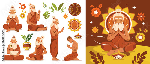 Guru Purnima Spiritual Meditation Illustration Set