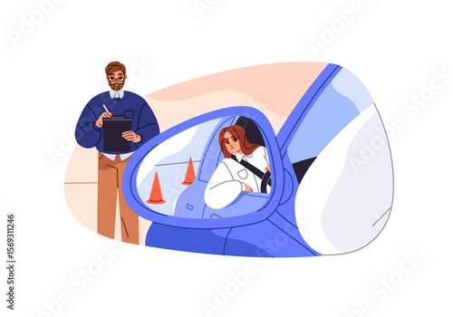 Driving school student looks at rear view mirror of car, parking. Girl passes exam for receiving driver license. Instructor, examiner takes notes at lesson. Flat isolated vector illustration on white