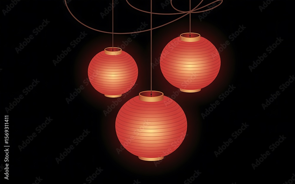 Three red paper lanterns hanging against a black background creating a warm and festive atmosphere Three red paper lanterns hanging against a black background creating a warm and festive atmosphere