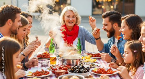 Festive Seafood Boil: Multi-Generational Family Celebration with Shrimp, Crawfish, and Mussels for a Blessing of the Fleet Event