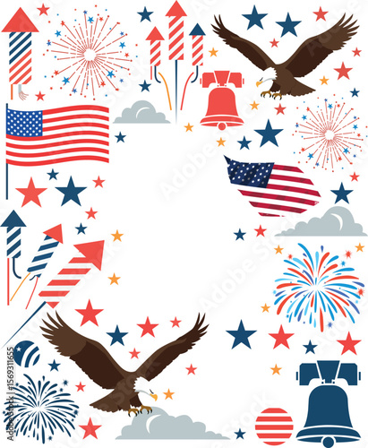 Illustrative patriotic montage featuring american flags eagles fireworks liberty bell and stars creating a festive fourth of july celebration theme