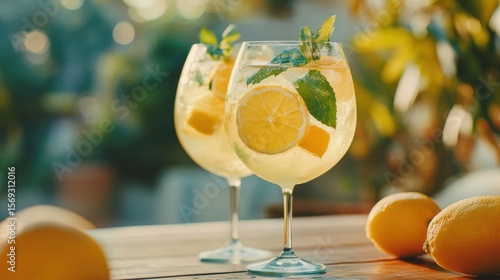 Two glasses of refreshing summer cocktails on a patio table.