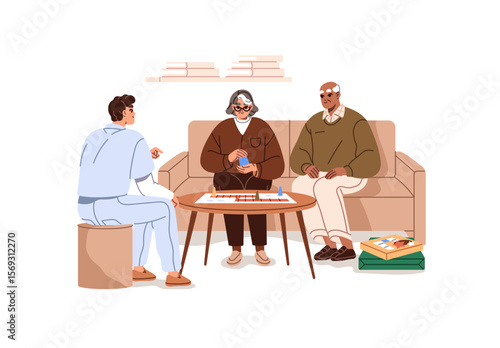 Old people sit on sofa in nursing home. Senior person, granny and nurse play board games together. Carer, caregiver cares about elderly couple in hospital. Flat isolated vector illustration on white