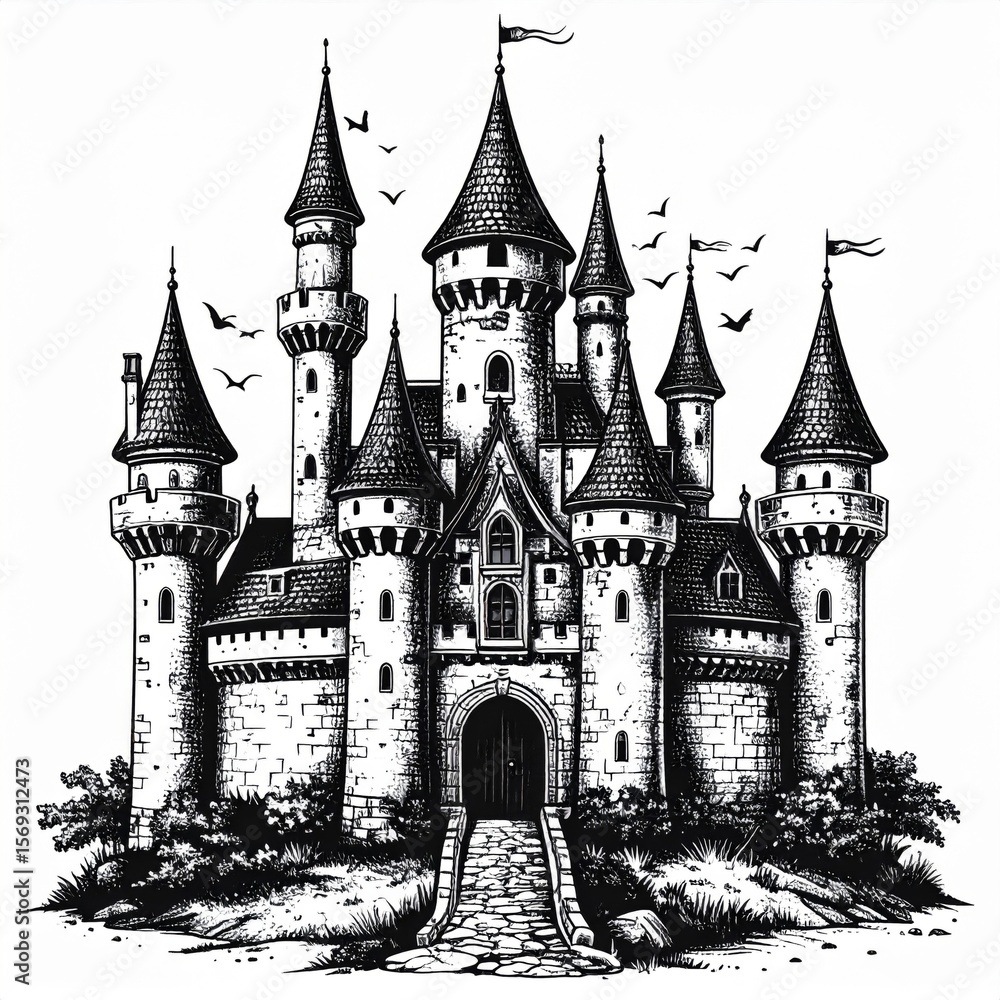Fototapeta premium Black And White Illustration Of A Majestic Medieval Castle