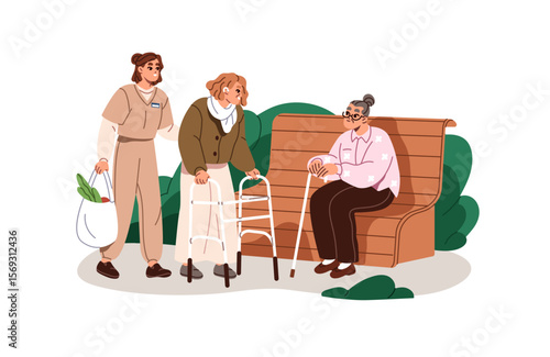 Nurse helps granny with walker walk to bench. Social worker cares about senior people. Old women sit in park. Volunteer assists elderly ladies. Flat isolated vector illustration on white background
