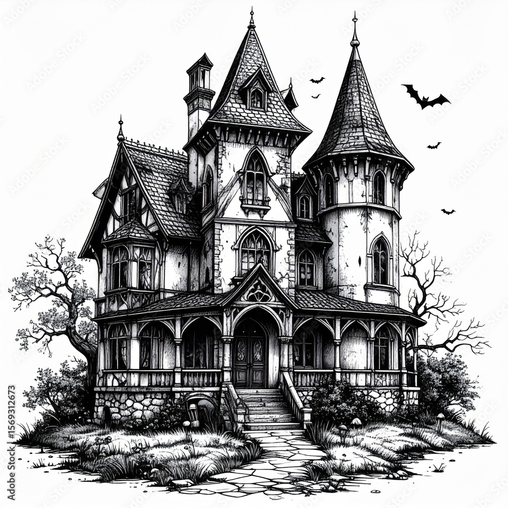 Fototapeta premium Haunted Victorian House Monochrome Illustration
