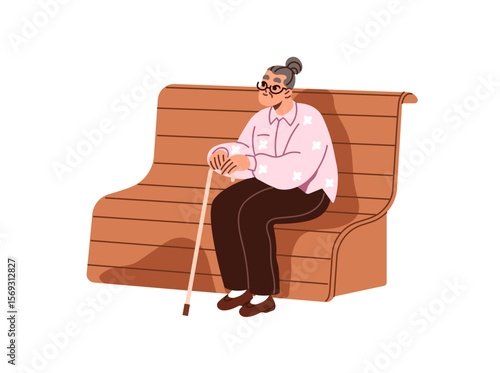 Old woman with walking cane sits on wooden bench in park. Senior lady with glasses relaxes outdoors. Elderly person, granny has a rest on seat. Flat isolated vector illustration on white background