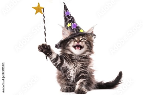 Whimsical Feline Persona: A Maine Coon in Anthropomorphic Attire – Magic Hats, Glasses, Sunglasses, Swimming Goggles & More, in Close-Up on White Background
Get up close with a charmingly anthropomorp