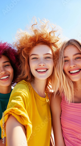 Three smiling young women or girl friends taking a vertical selfie