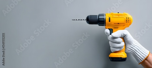 Hand in white glove holding yellow cordless drill against gray background for construction or DIY concept