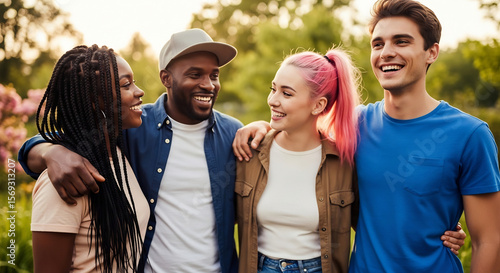 Diverse Group of Friends Embracing for Harmony Day Celebration in a Park Setting