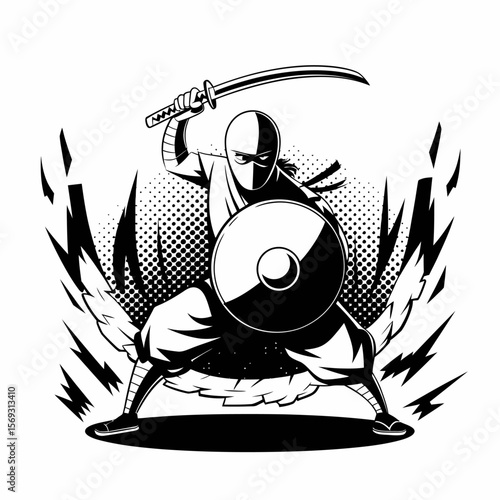 Ninja warrior in battle stance with katana and shield.