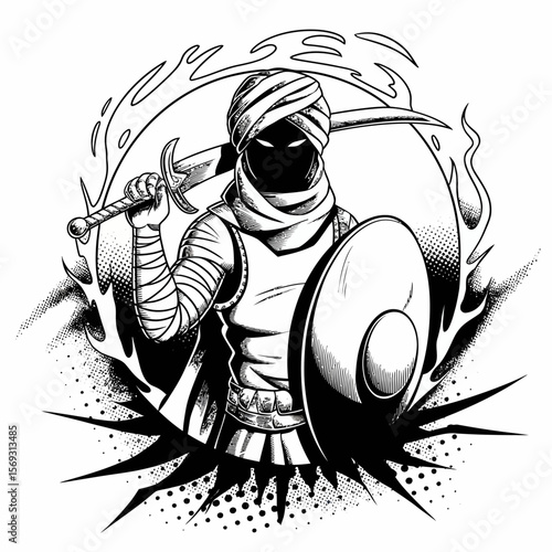 Fierce masked warrior holding sword and shield in black illustration.