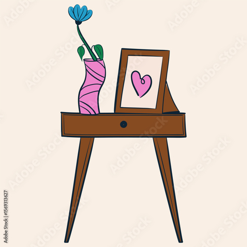 Side table with vase and frame. Hand drawn doodle style Interior elements. Vector illustration.