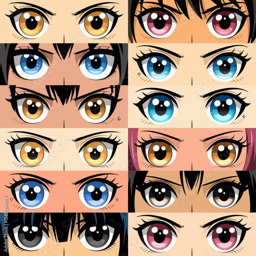 Collection of expressive anime-style female eyes with various colors, shapes, and emotional expressions.

