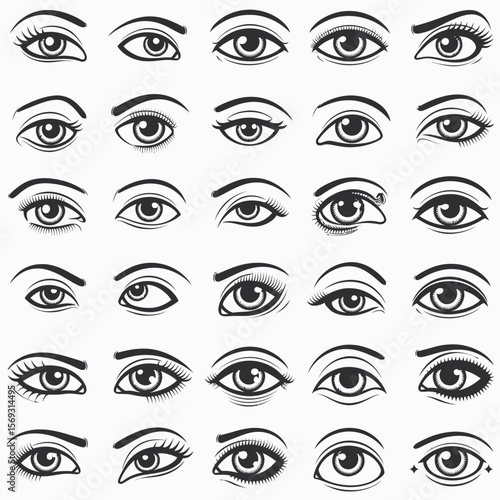 Black and white eye illustrations in various realistic styles and expressions, arranged in a clean grid layout.

