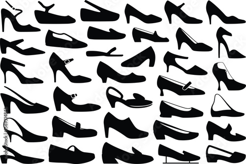 Set of elegant black silhouette women shoes, high heels, formal footwear icons, stylish fashion vector, modern female shoe design collection