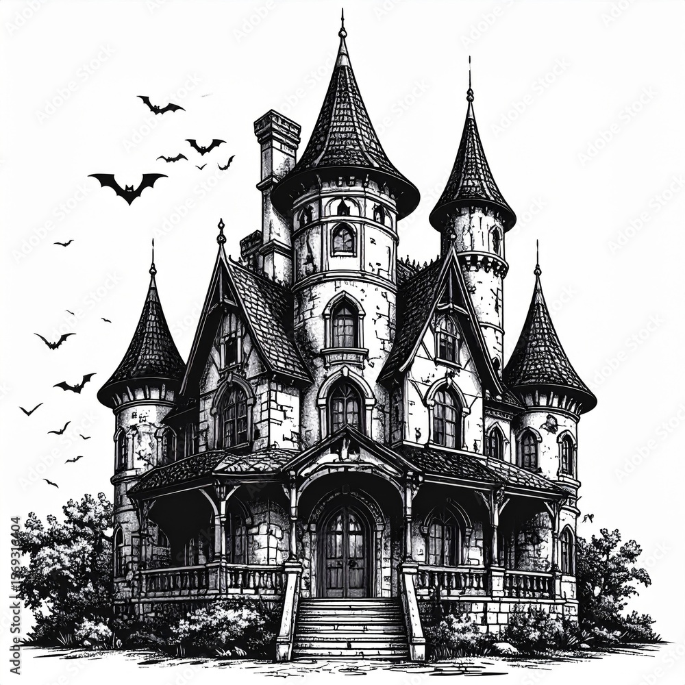 Fototapeta premium Haunted Castle Illustration with Bats