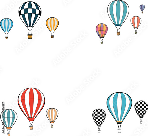 A set of colorful hot air balloons flying in the sky with soft white clouds around them, minimal flat vector style, clean line design, no textures, no gradients, white background