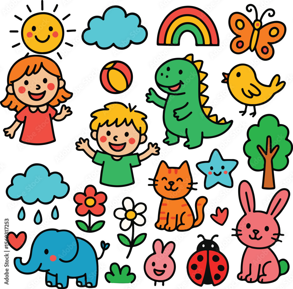 Naklejka premium Colorful Cartoon Kids and Animals Icon Set | Fun Doodle Vector for Children