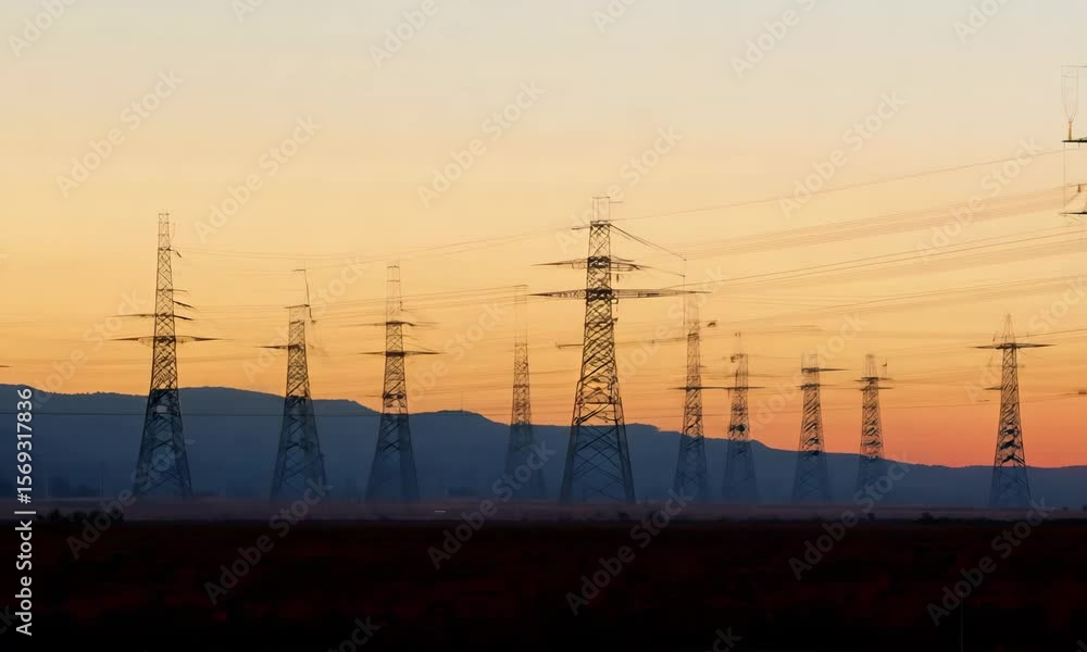 Electric towers line the bright sunset sky, their silhouettes striking with hues of orange and pink Electric towers line the bright sunset sky, their silhouettes striking with hues of orange and pink