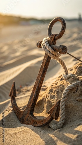 Fototapeta Naklejka Na Ścianę i Meble -  A weathered rusty anchor rests partially buried in the warm sand of a beach at sunset with a thick rope securing it