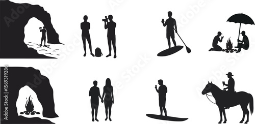Diverse outdoor adventure silhouettes: exploring caves, photography, paddleboarding, camping, couple walking, and horseback riding – a versatile vector set for travel, recreation.