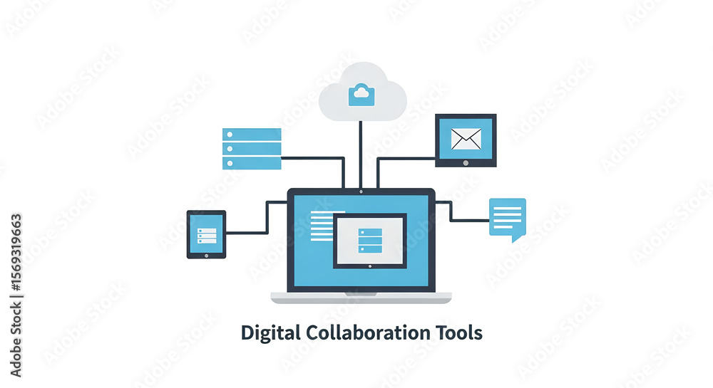 Streamlined network communication with computers, a digital tablet and cloud data storage showcases modern collaboration technology. Streamlined network communication with computers, a digital tablet and cloud data storage showcases modern collaboration technology.
