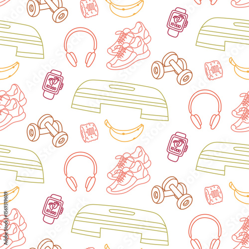Pattern theme of fitness, sports. Stepper sneakers, dumbbells, watches, headphones, banana. Seamless color doodle. Design of packaging. Suitable for projects about sports, nutrition, active lifestyle