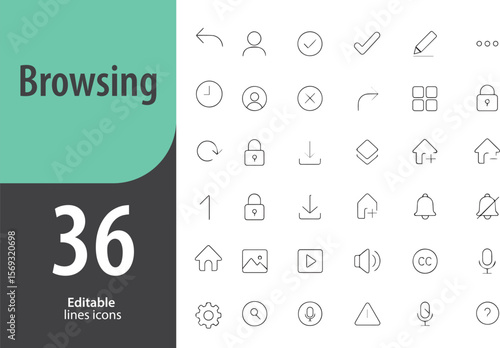 Browsing Line Icons, Web Browser, Search Bar, Internet Tab, URL Link, Homepage, Editable Formats: AI, EPS, PNG, JPG, Ideal for Both Digital and Print Use
