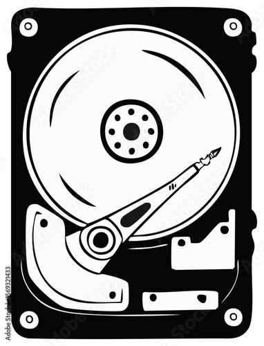 Monochrome Illustration of a Computer Hard Drive Component with Read and Write Head, Disk Platter, and Actuator Arm for Storage, Black and White