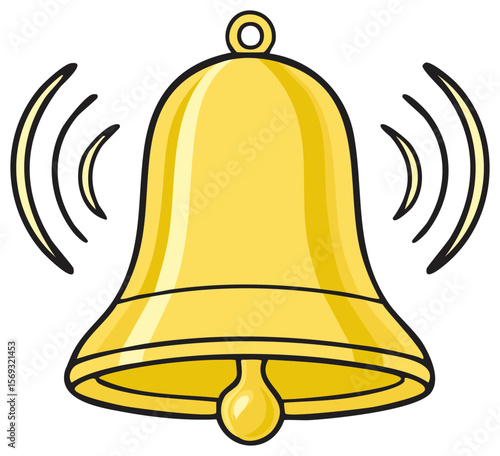 Illustration of a shiny golden bell ringing, generating sound waves; attention and announcement conceptual design element on black.