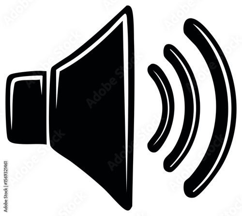 Simple white line drawing of a speaker icon with sound waves on a black background with minimalist design